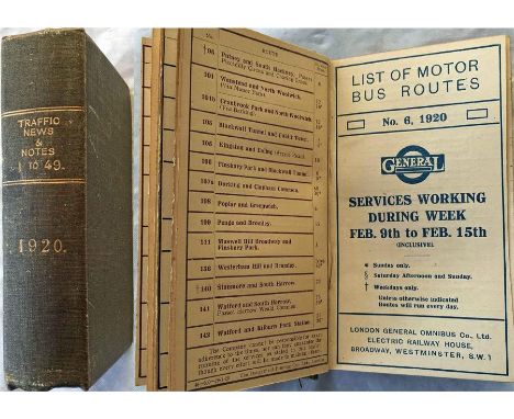 Officially bound volume of the 1920 London General Omnibus Company LEAFLETS 'LISTS OF MOTOR BUS ROUTES', the approx weekly se