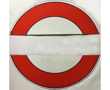 Pair of London Underground enamel PLATFORM SIGN INFILLS (two semi-circle 'half-moons'), dating from the 1930s with the black 