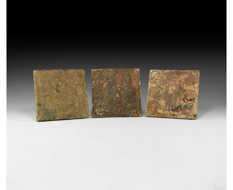 An undated archaistic group of three square ceramic tiles with figural scenes in low relief.  1.2 kg, 14.5cm (5 3/4"). Proper