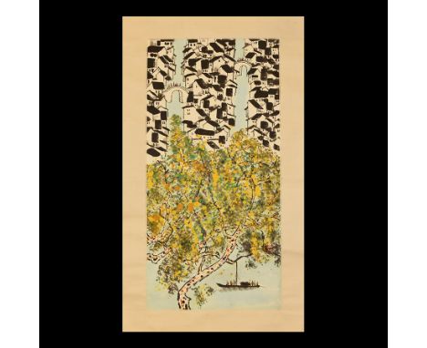 20th century AD. A rectangular paper panel on a textile backing, painted image of a forest and city with bridges, red chop se