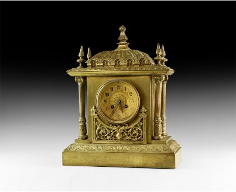 20th century AD. A large brass chiming mantle clock with mechanical movement.  7.20kg, 39cm tall (15 1/4"). Property of an Es