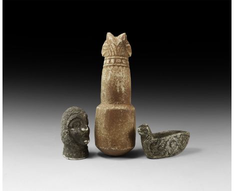 A mixed group of undated archaistic stone carvings comprising a pestle with addorsed beast-heads, a head finial with mail coi