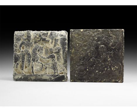 An undated archaistic group of two square ceramic tiles, one with scene of a kneeling prisoner before a mounted king, the oth