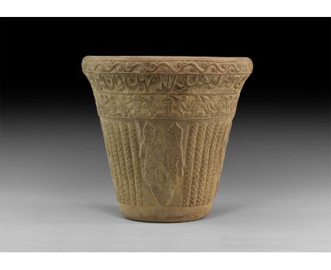 20th century AD. A ceramic flowerpot with archaistic moulded ornament to outer surface including band of calligraphic script 