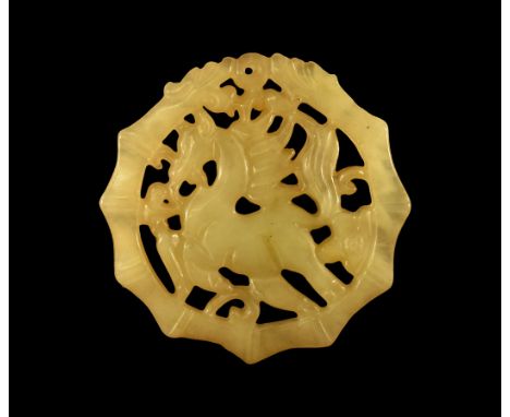 19th-20th century AD. A jade openwork medallion with galloping horse with sweeping mane and tail, surrounded by a circular ri