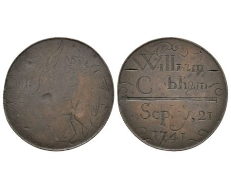 Dated 1741 AD. On a halfpenny, smoothed. Obv: cupid with bow and arrow. Rev: with William / Cobham / Sep y 21 / 1741 in four 