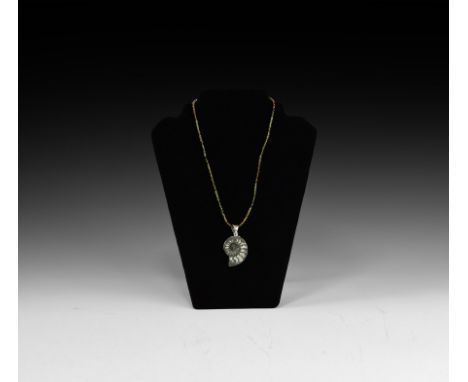 A sliced and polished to one side pyritised ammonite in silver pendant mount surround marked 'SJ 925' with suspension loop; s