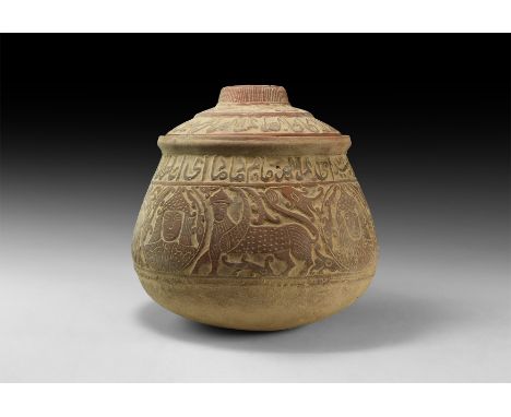 An undated archaistic ceramic jar with rounded base, chamfered rim,domed lid with central handle; bands of reserved ornament 