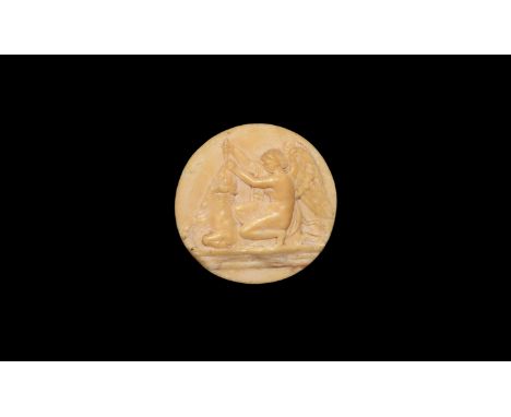 18th century AD. A flat discoid marble(?) plaque with high relief image of nude, winged Nike kneeling to sacrifice a bull wit