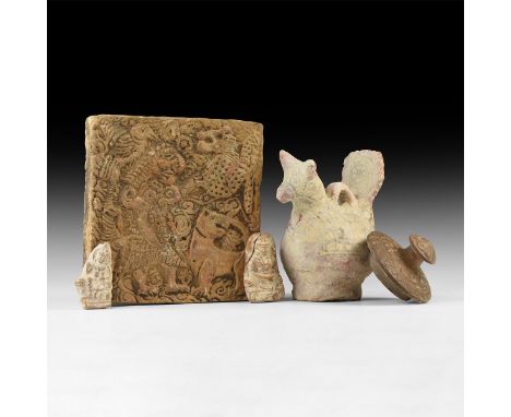 An undated archaistic group of ceramic items including two small terracotta figures of Buddha and Arya Tara, a pot lid with k