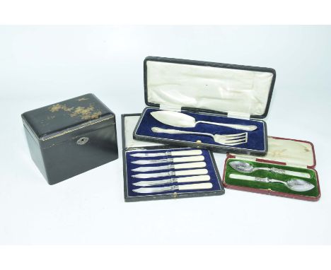 A collection of cased EPNS cutlery, early 20th CenturyComprising cake slice and fork, six cake knives, Mother of Pearl handle