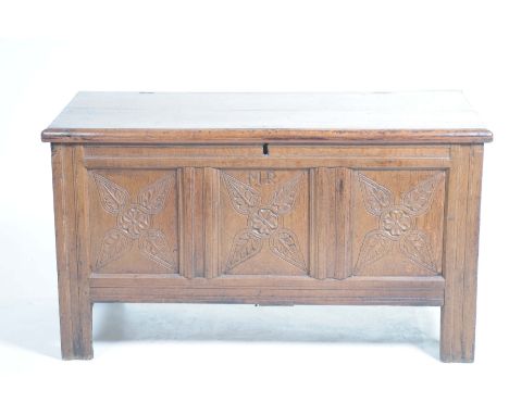 A 17th Century and later oak blanket chestThe rectangular moulded top concealing a fitted candle box above a channeled frieze