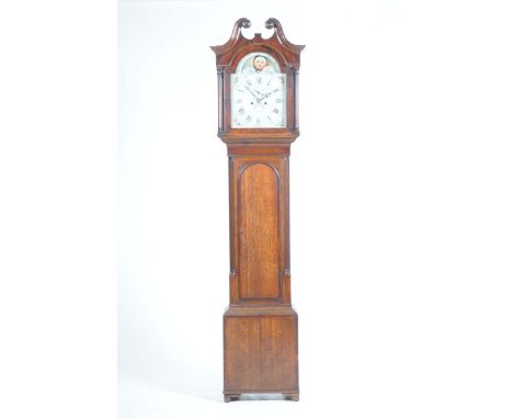 A George III oak and mahogany crossbanded longcase clock, J A ScottThe case with a twin swan neck pediment above a rolling mo