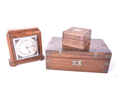 A walnut cased mantel clock, circa 1930's9cm silvered dial with Roman numerals, maker H. Piddeuck & Sons Ltd., Handley, heigh