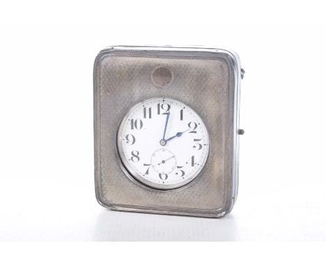 An early 20th Century silver plated open faced Goliath pocket watchWith top winder button, the white enamelled dial with subs