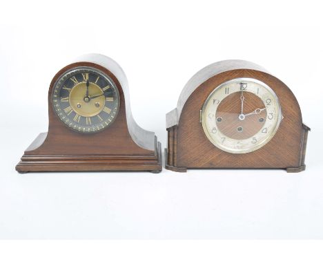 A mahogany Napoleon hat shaped mantel clock, early 20th Century11cm black enamel dial with gilt Roman numerals, coil chime, h