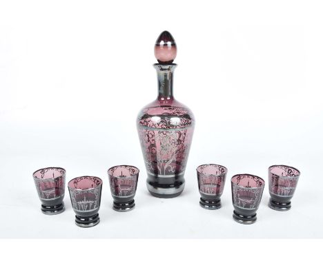 A purple glass with silver decoration Venetian glass decanter set, 20th CenturyDecanter decorated with Venetian scene and the