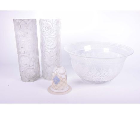 A collection of glass light fittings early to mid 20th CenturyTo include a pair of Lalique style frosted glass cylindrical sh