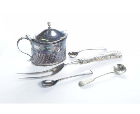 A silver mustard pot, Sheffield 1902Of oval form and spirally lobed with a conforming spoon and two other spoons, also a carv