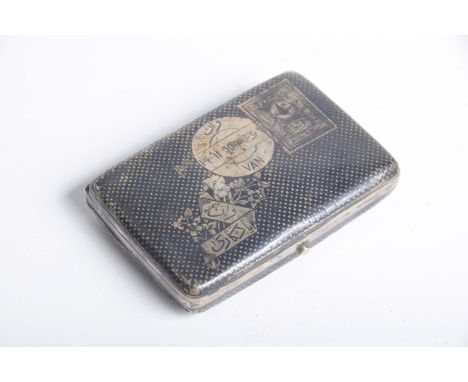 A Japanese silver and niello cigarette caseWith niello enamel decoration, designed as an envelope, with Japanese character ma