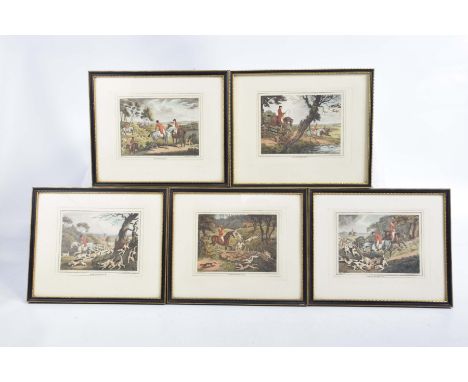 Five coloured prints of fox hunting scenes 20th CenturyOriginal prints produced in 1799, each print 12x17cms, all framed and 