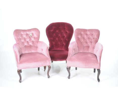 A pair of Edwardian pink velour tub chairs and a Victorian low seat chairThe pair of tub chairs with a shield shaped button p