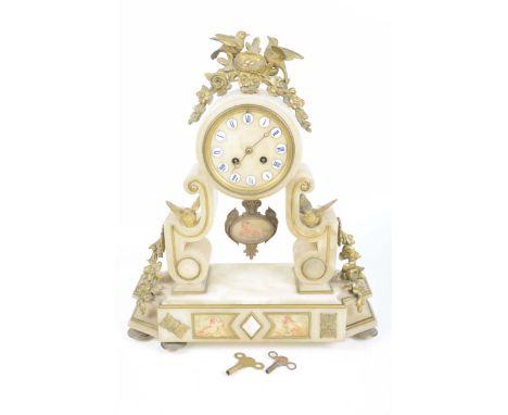 An Alabaster and gilt metal mantel clock, late 19th CenturyThe 10cm dial with Roman numerals, works stamped W Oppenheim Londr