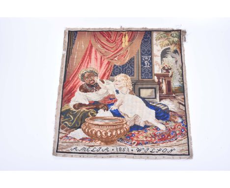 A woolwork embroidery of a child playing with an Arab lady, mid 19th CenturyInterior scene with embroidered name Amelia 1851 