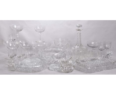 A collection of cut glass drinking glasses early 20th CenturyComprising five champagne glasses with etched decoration of flow