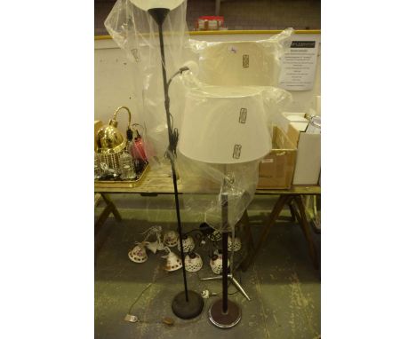 Three Contemporary lamp standards and two ceiling light fittingsA five and three branch ceiling light fitting with ceramic sh