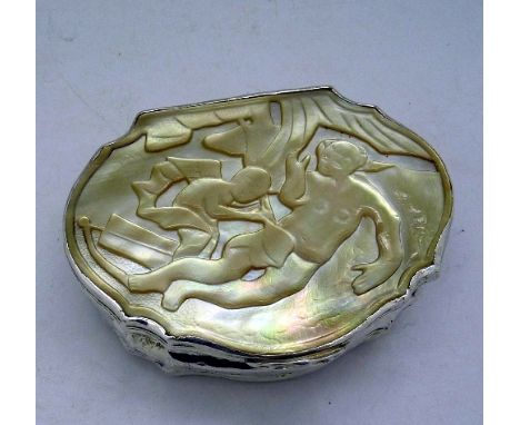 A mother of pearl and silver snuff box, inscribed TD1748