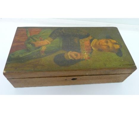 A wooden box with lid decorated with a portrait of a young lady, length 25.5cm, a/f