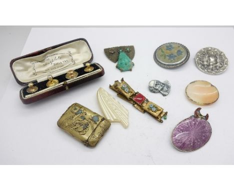 An Art Deco scarf clip, a brass vesta case, a micro mosaic brooch, an enamel bracelet, etc.
