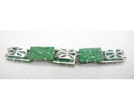 A 9ct white gold and jade bracelet, weight 9.8g