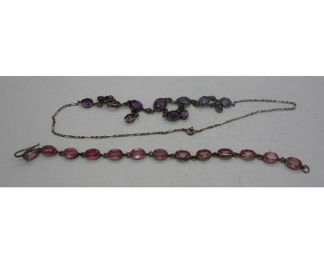 An amethyst and marcasite necklace and an amethyst bracelet