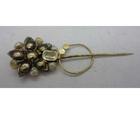 A 19th Century gold, silver, ruby, diamond and pearl brooch/cloak pin