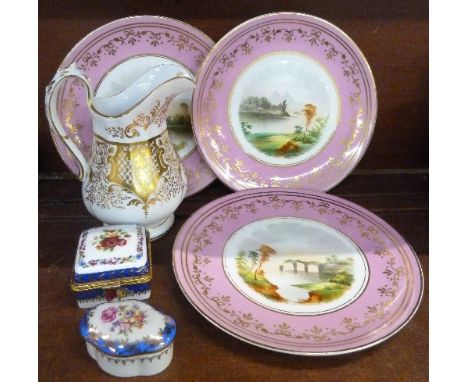 Three cabinet plates, two trinket pots and a jug