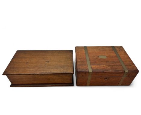 A wooden box with two internal compartments, possibly a tea caddy, and a further wooden box with brass fittings.