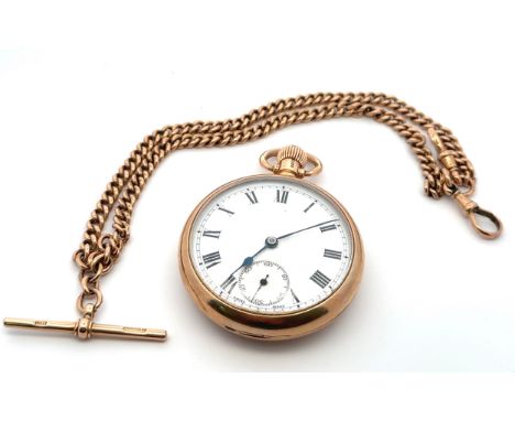 9ct gold pocket watch with Albert chain. Watch with white enamel dial with sub seconds dial and blue steeled hands. Case by D