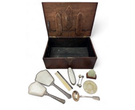 Collection of items including a silver ladle, two teaspoons stamped Indian silver, an embroidered silver plated dressing set,