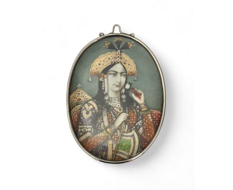 A large 19th Century Indian School portrait miniature on ivory, possibly depicting Mumtaz Mahal, wife of the Rajah, upon whos