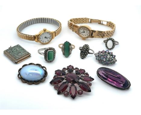 A small quantity of silver and costume jewellery to include silver and gem set rings, an aventurine quartz ring with yellow m