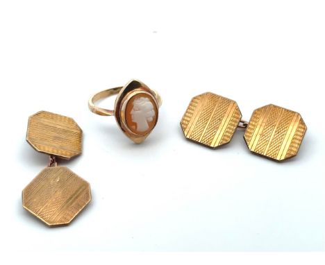 A pair of 9ct gold octagonal cufflinks with engine turned design and a 9ct gold shell cameo ring size K. 