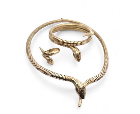 A 9ct gold serpent necklace, bracelet and ring suite. The articulated necklace terminates with a tapering tail and serpent's 