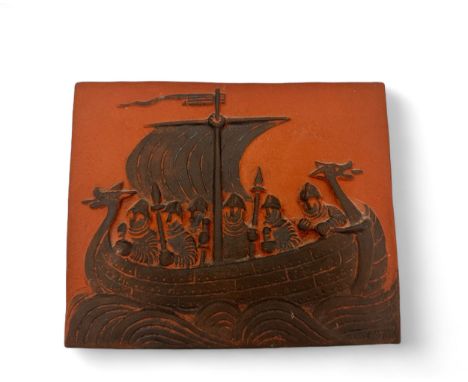 A Thyssen Keramik Danmark mid 20th Century wall art/tile depicting a Viking boat. Numbered 187. Dimensions 18.5 x 15cm.