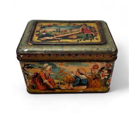 Charming Dunmore &amp; Son Biscuit Tin depicting the four seasons with children at play. Delightful.