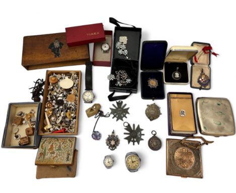Assortment of costume jewellery, Wedgwood pendant, silver medals, compacts, a Timex watch with a Timex box, two Ingersoll wat