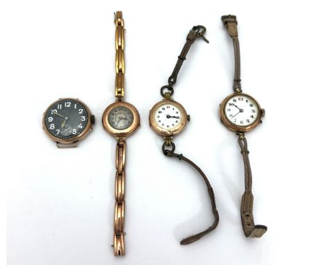 Four vintage watches, A 9ct gold watch head unmarked on dial, hallmarks for AGR in inner case. An unsigned watch hallmarked 9