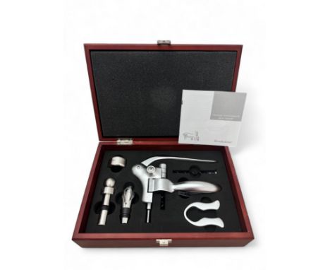 Brookstone Heritage Connoisseur Corkscrew 6 pc Opener in Deluxe Redwood Box.. The set includes a corkscrew, foil cutter, wine