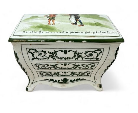 A Royal Doulton for Huntley &amp; Palmers 'Nursery Rhymes' series ware biscuit barrel in the form of a commode. Cover printed